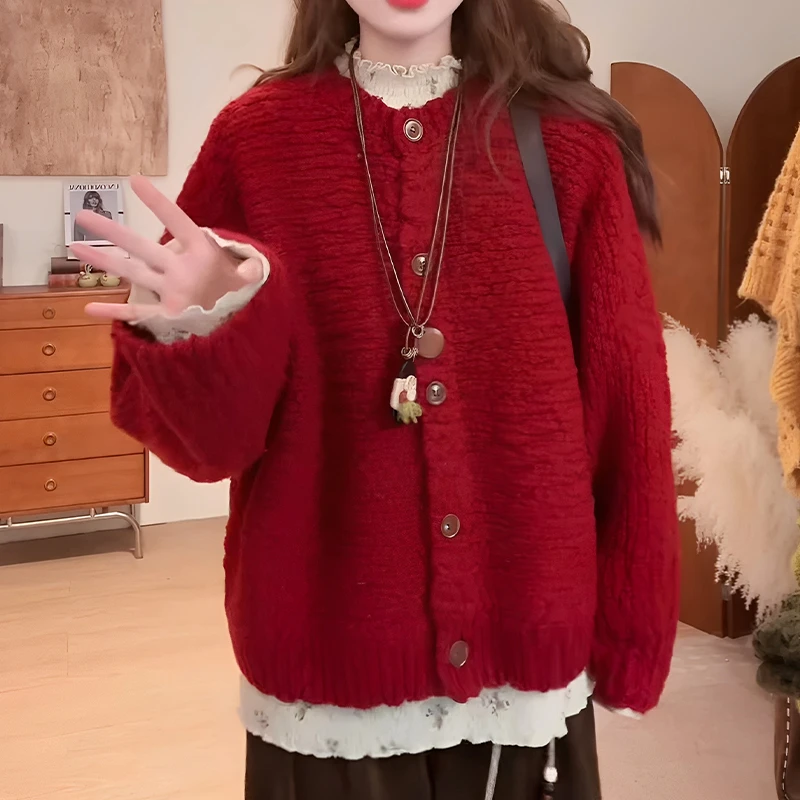 2025秋冬季新款女士宽松显瘦圆领针织衫开衫时尚加厚超好看上衣