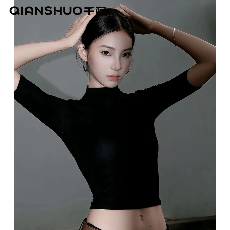 千朔半高领螺纹中袖五分袖t恤女2025夏季修身百搭高档打底上衣女