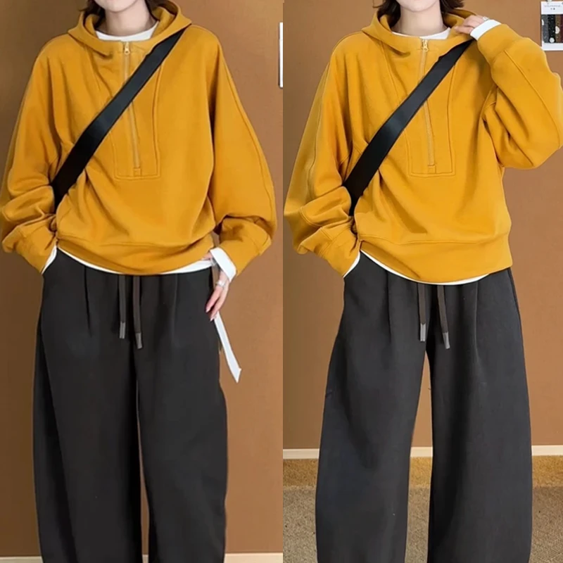 2025秋季新款半拉链慵懒风连帽卫衣女小众设计感宽松显瘦外套上衣