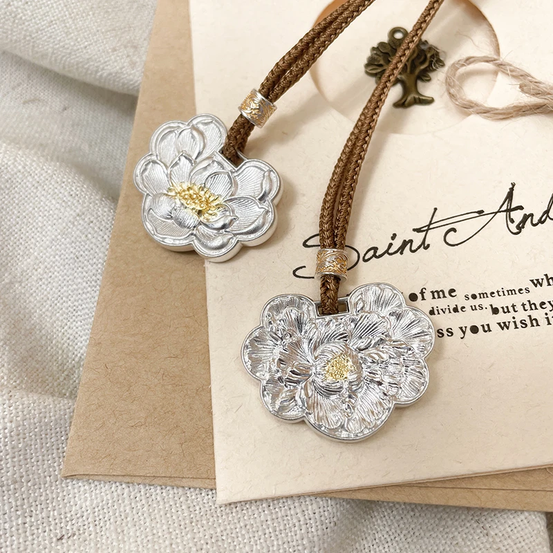 吊坠足银 「双韵」足银999.9珐琅彩吊坠女手工新中式牡丹长命锁七夕