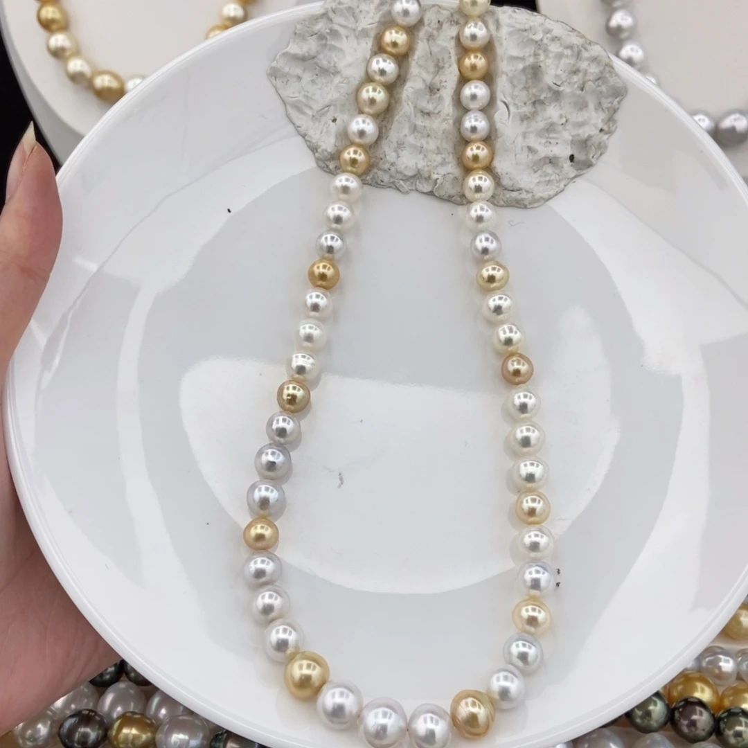 海水珍珠银S925镶嵌项链7-10/51颗 白金近正圆