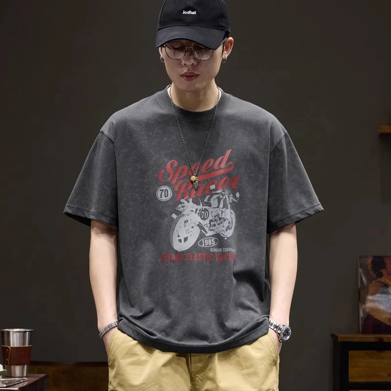 MR.MUDI/穆迪先生美式复古做旧印花短袖t恤男夏新款圆领上衣半袖