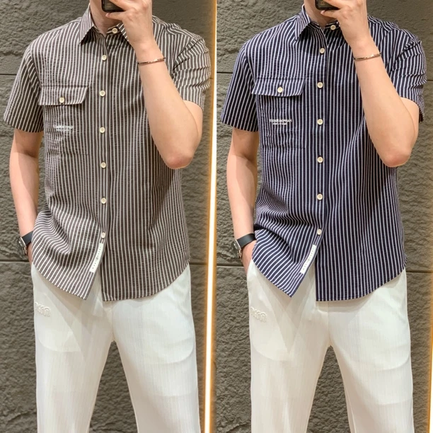 小雨男装｜6097夏季薄款轻奢风衬衫男条纹时尚韩版休闲短袖衬衫H
