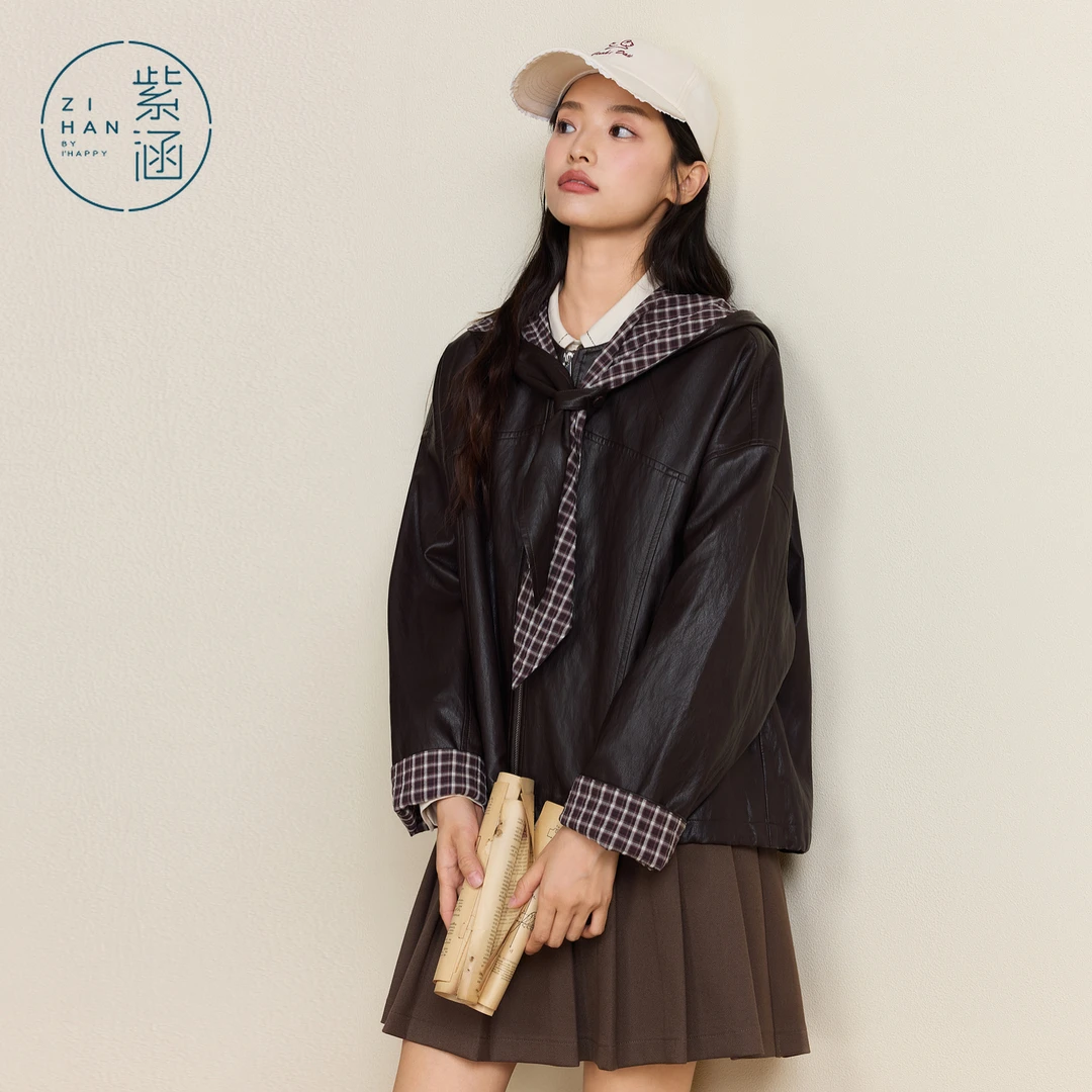 紫涵撞色格纹连帽皮衣女2025年秋季复古宽松休闲外套Z5Z07AW279