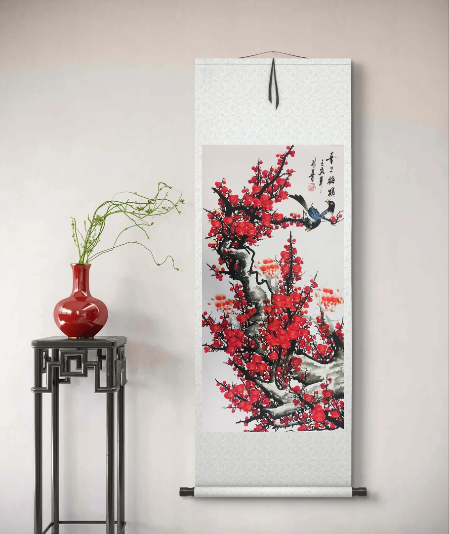 《喜上梅梢》玄关挂画墙壁风景油画艺术现代油画装饰画竖72*175