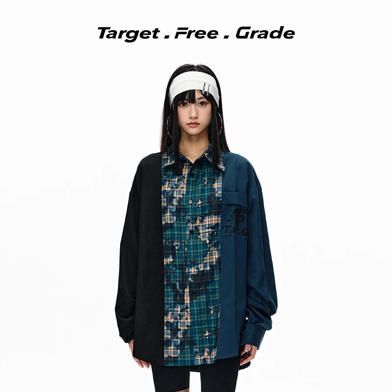 【王弘毅同款】TFG新品赫本风质感拼接棉质翻折袖格纹情侣衬衫