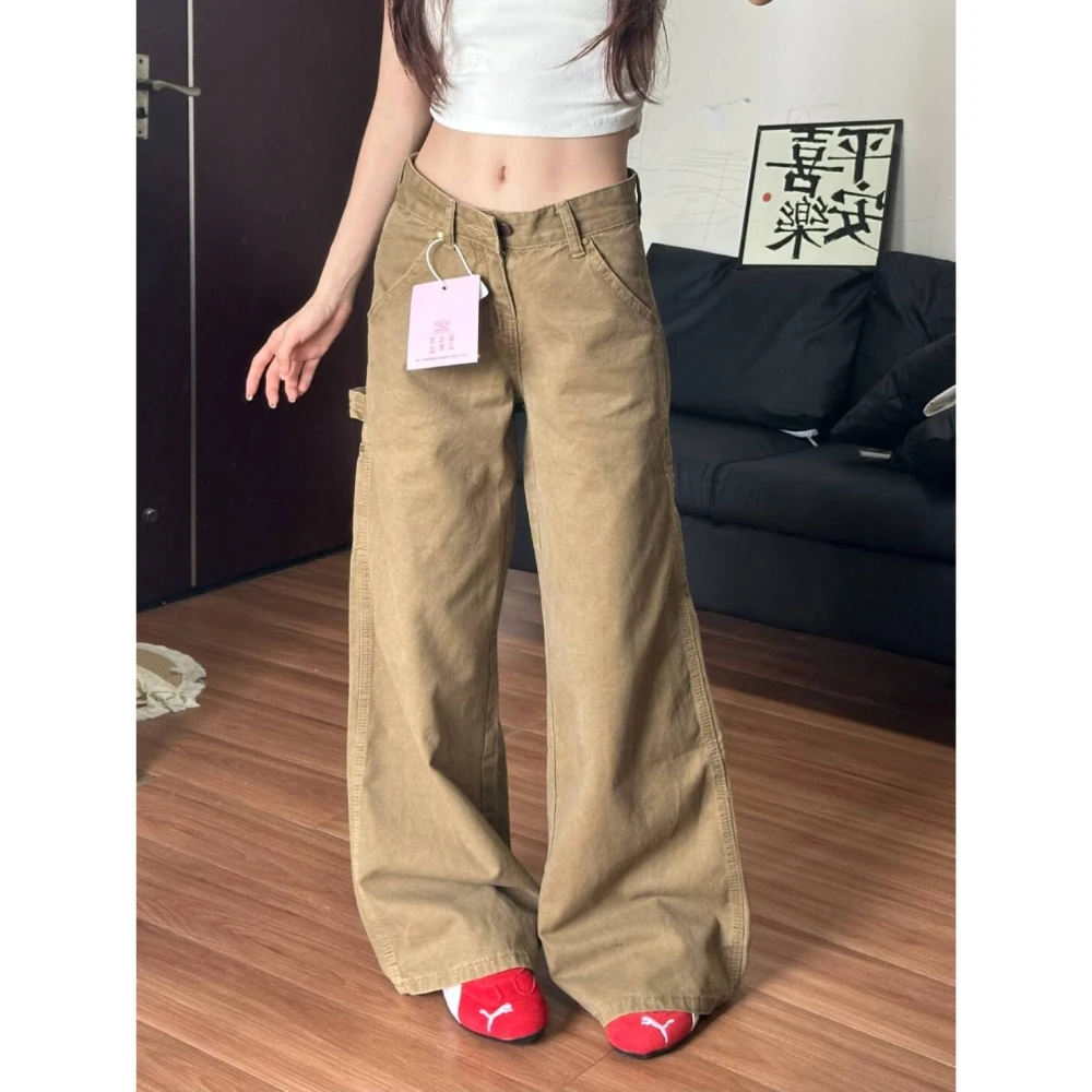 美式复古水洗卡其色工装裤女2025秋季新款显瘦宽松休闲阔腿牛仔裤