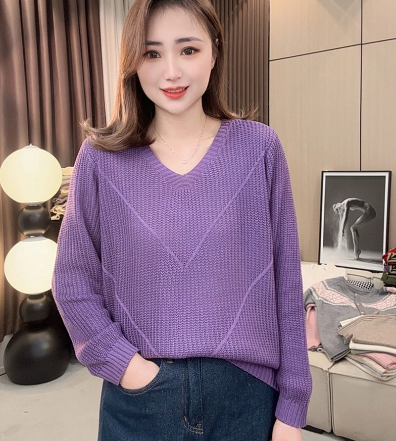 （棉纱）V领套头针织衫2025春秋新款遮肚宽松打底小衫妈妈休闲百搭