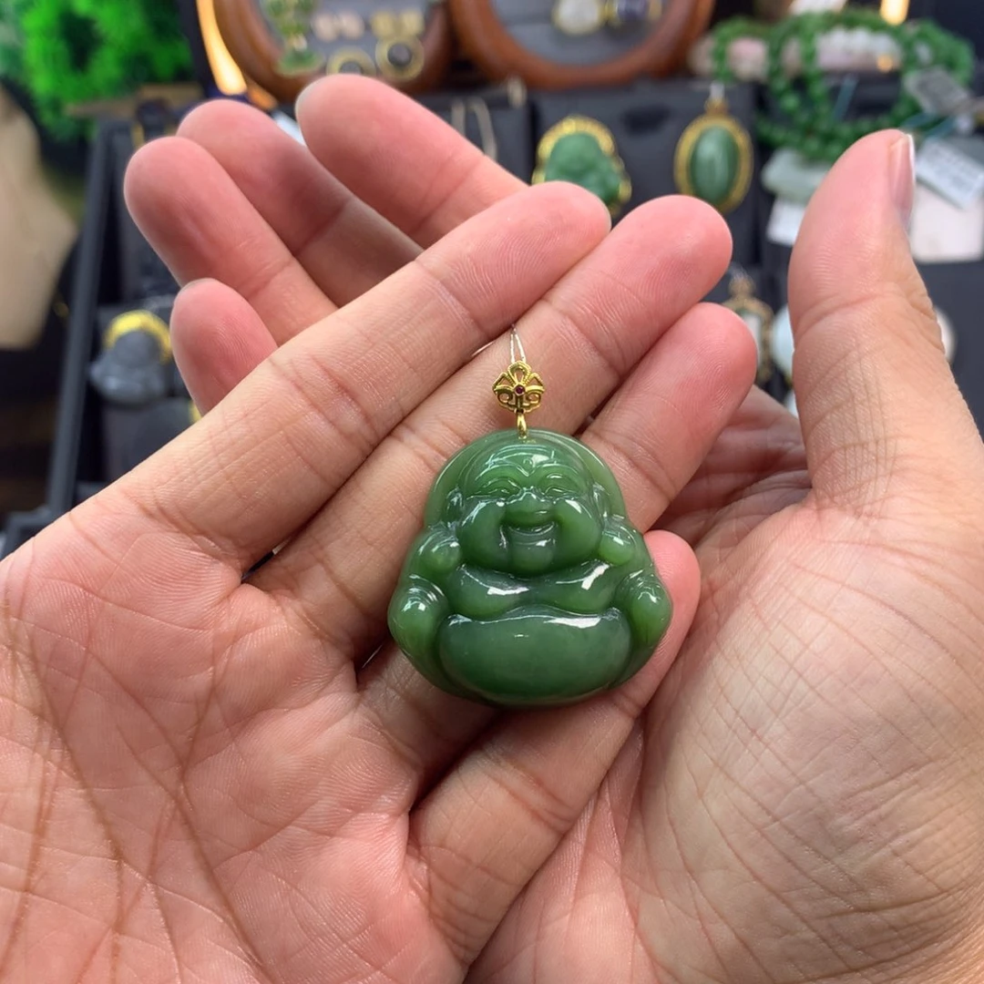 和田玉吊坠18K金镶嵌^*