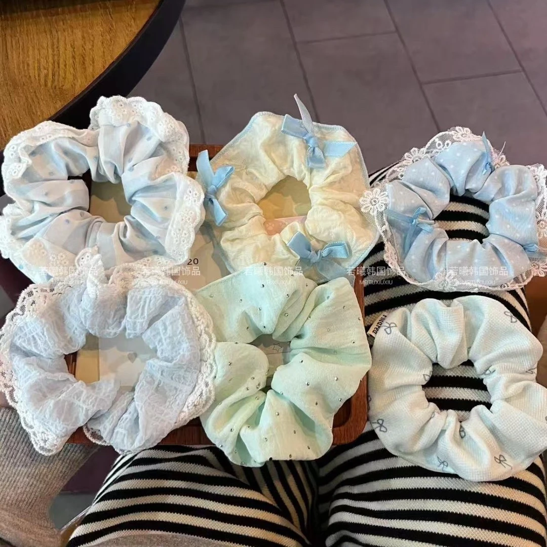 蕾丝波点自制【恋恋日记】蓝色蕾丝花边条纹大肠发圈韩系少女感