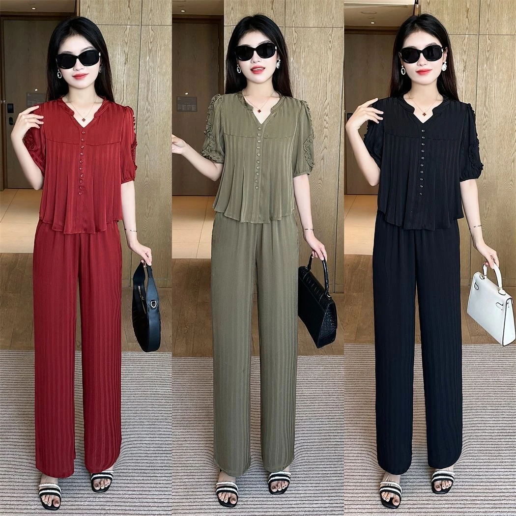 夏季气质遮肚显瘦短袖两件套女新款时尚减龄穿搭阔腿裤两件套