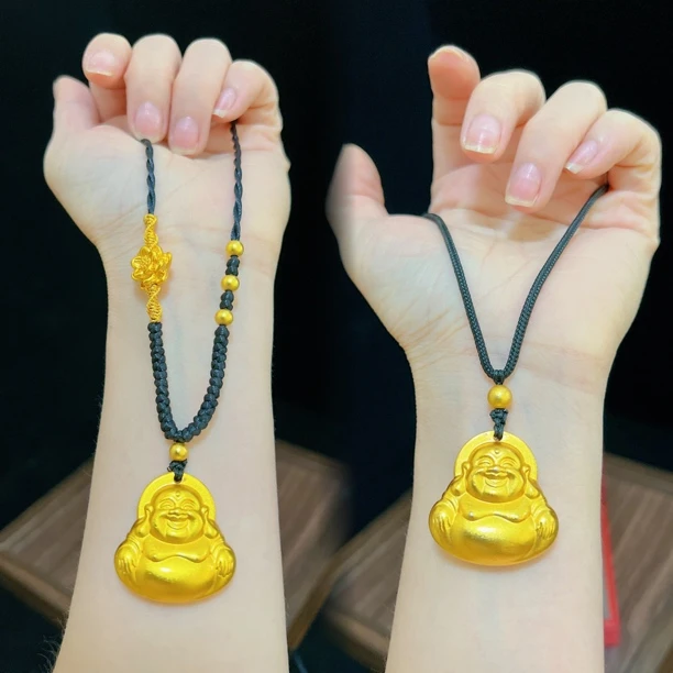 镀真金高品质大肚弥勒佛吊坠古法工艺吉祥如意项链