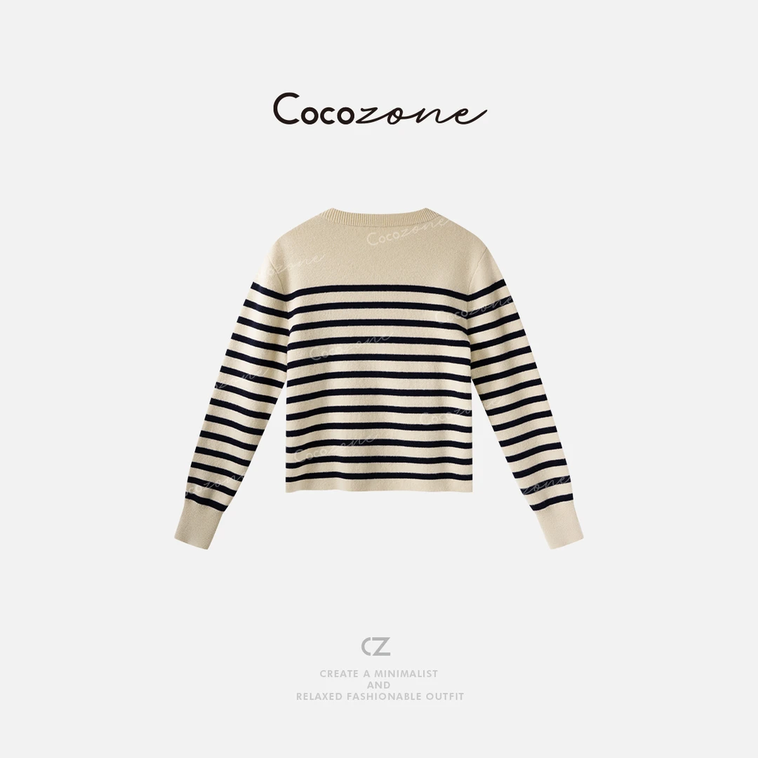 COCO ZONE刘一一【100绵羊毛】度假风条纹撞色毛织上衣 CD1A1167