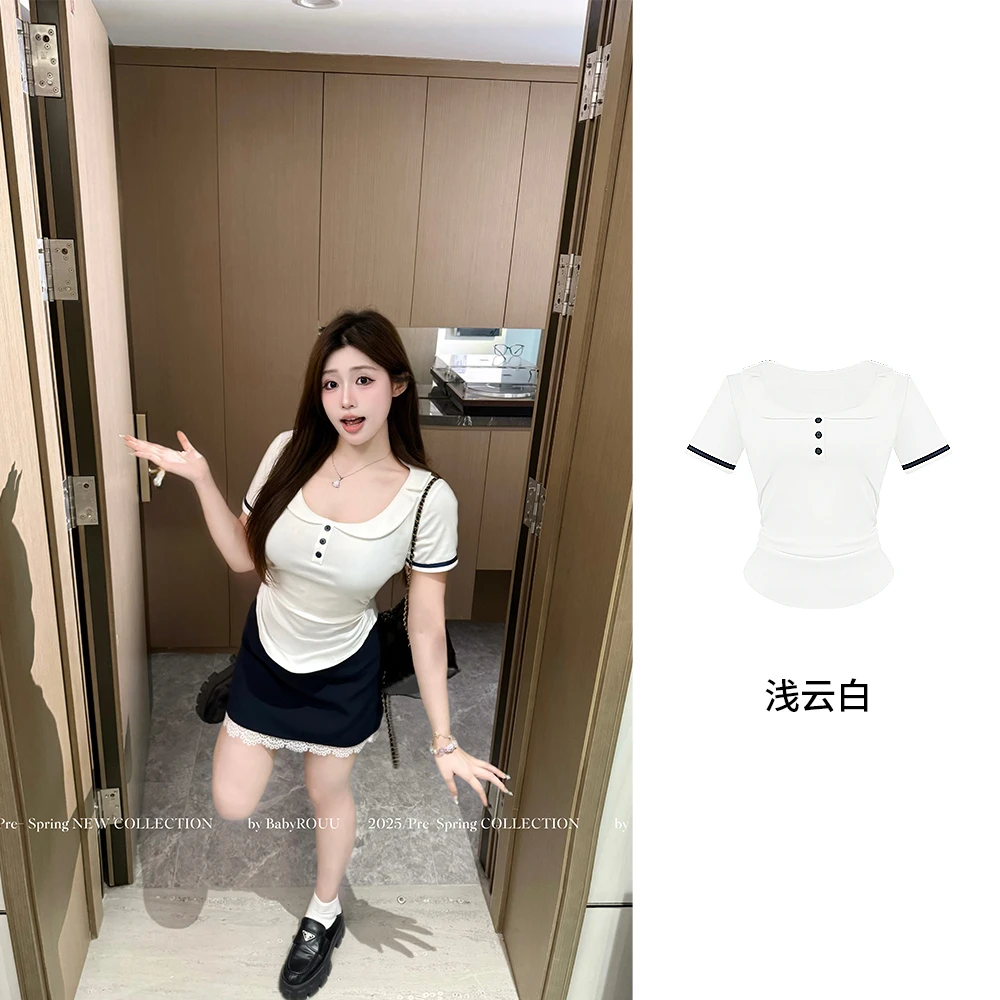 温与柔【学院天菜】学院风短袖T恤拼接百搭不规则修身娃娃领翻领