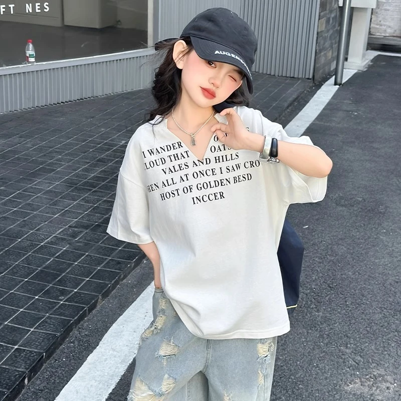 女童短袖上衣夏季2025新款初中生女孩破洞牛仔裤女大童夏装v领t恤