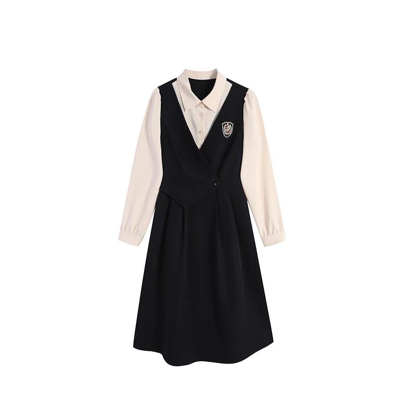 藏青色假两件优雅春季设计感连衣裙显瘦轻奢气质收腰裙子ZL111331