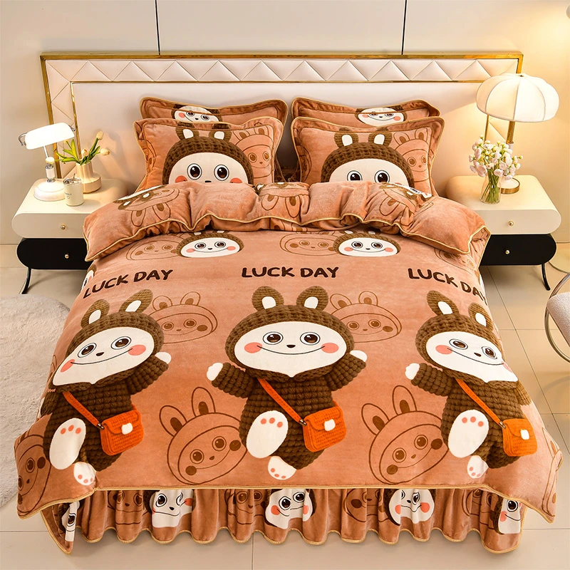 新款牛奶绒四件套加厚保暖秋冬季双面加绒被套床上用品床裙款床单