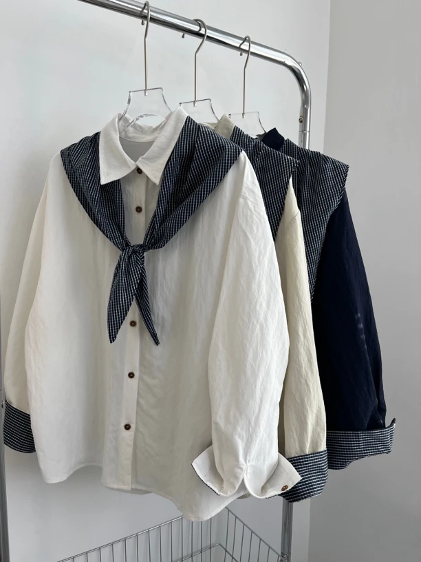 【披肩两件套衬衫衬衣】韩版气质宽松显瘦百搭拼格子衬衫长袖设计感