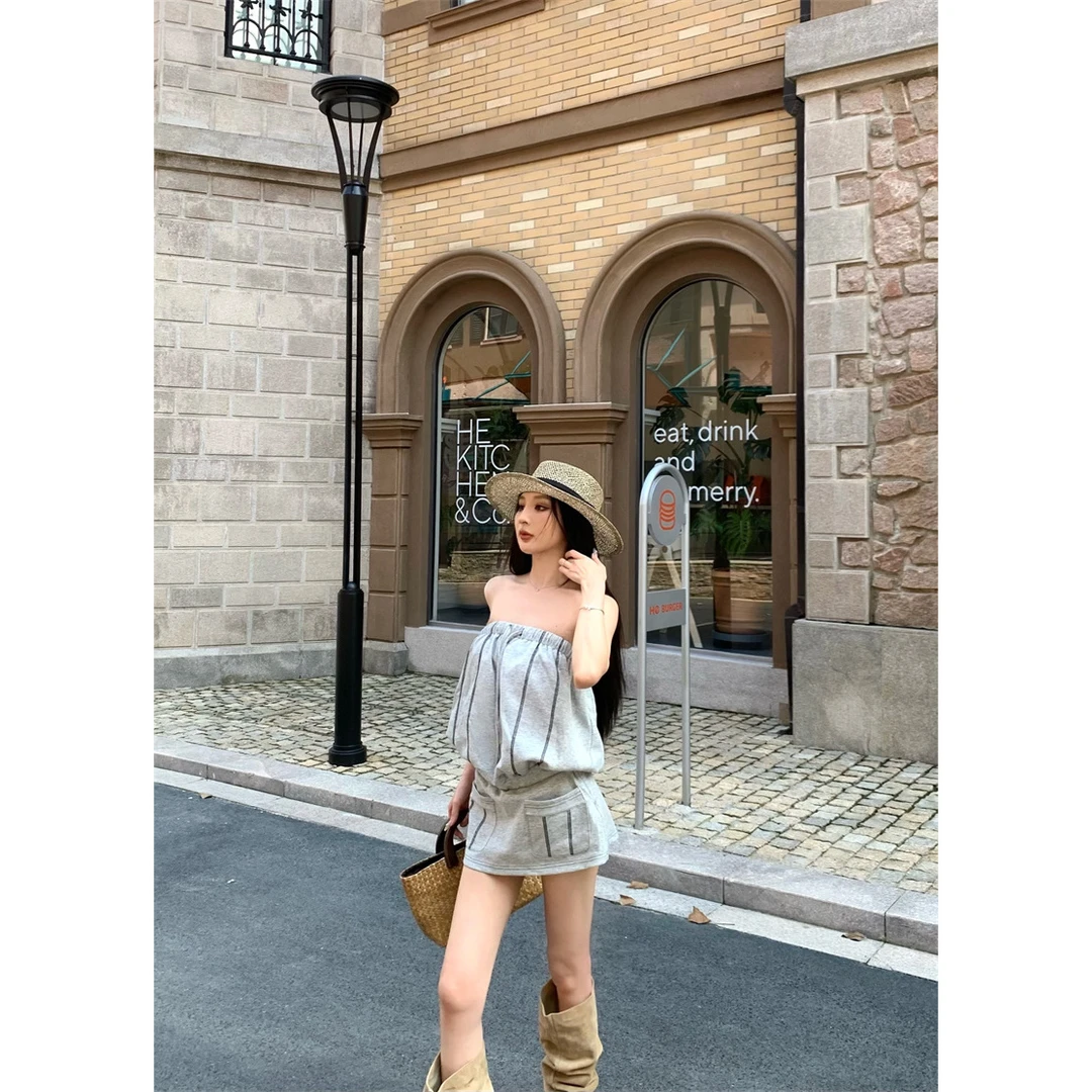 辣妹御姐风露肩撞色口袋抹胸连衣裙女韩版气质设计感显瘦休闲短裙