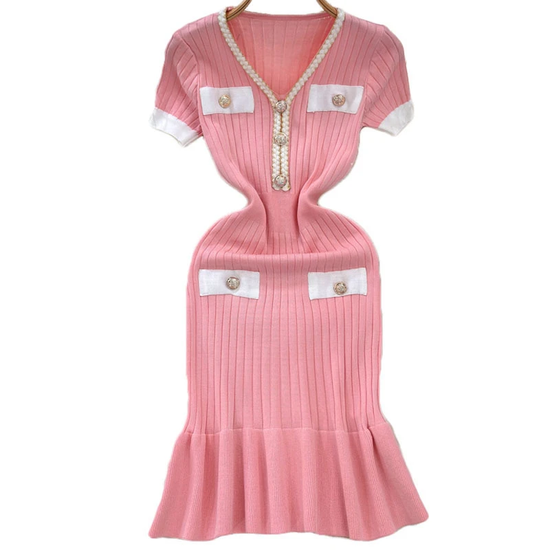 气质名媛V领收腰针织连衣裙裙子短袖包臀鱼尾时尚百搭清冷系衣服