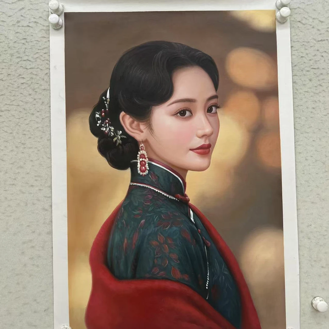 林彦新-***中国新娘 -旗袍-红毛披 -约60*90厘米-手绘油画-麻布