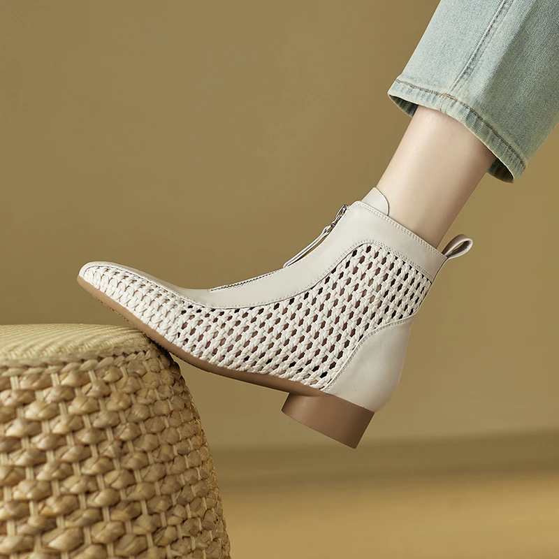 2.5cm低跟真皮凉靴女夏季镂空编织网靴前拉链尖头粗跟薄款短靴