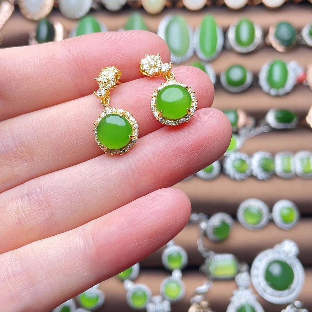 和田玉（碧玉）银S925镶嵌吊坠(不含链)耳饰