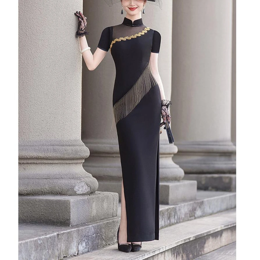 修身显瘦2025新款夏季弹力免烫加长款旗袍走秀演出舞蹈服年轻款