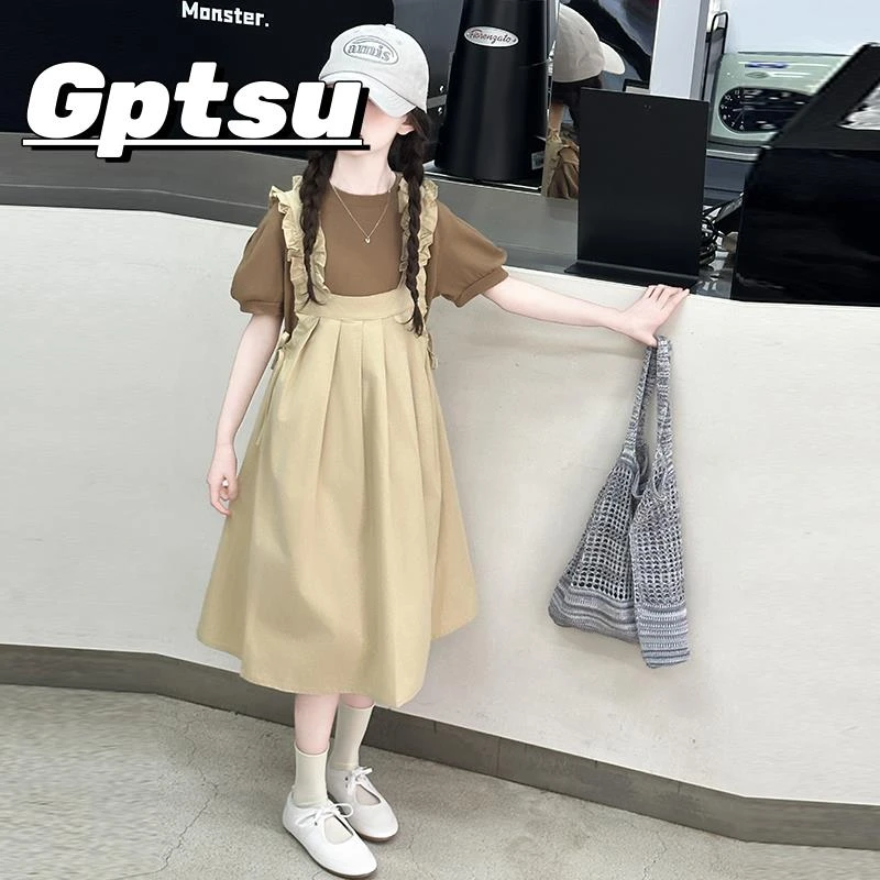 GPTSu女童背带裙套装2025新款洋气女大童连衣裙儿童两件套裙子潮