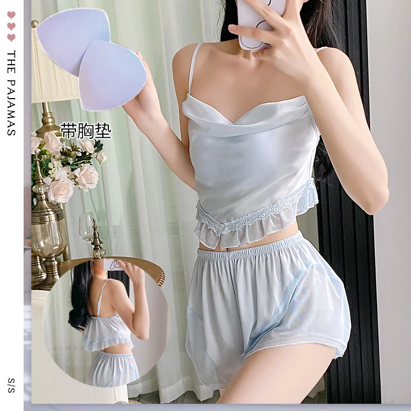 浔觅/Xunmi 夏季新款绸面吊带短裤清凉舒适带胸垫吊带睡衣套装