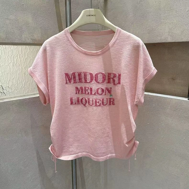 5002大码女装字母提花侧边抽绳圆领针织衫夏季新款宽松百搭上衣