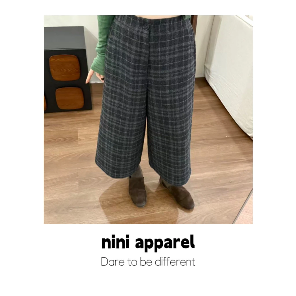 NiNi:原创定制超韩格纹百搭羊毛呢八分阔腿裤～