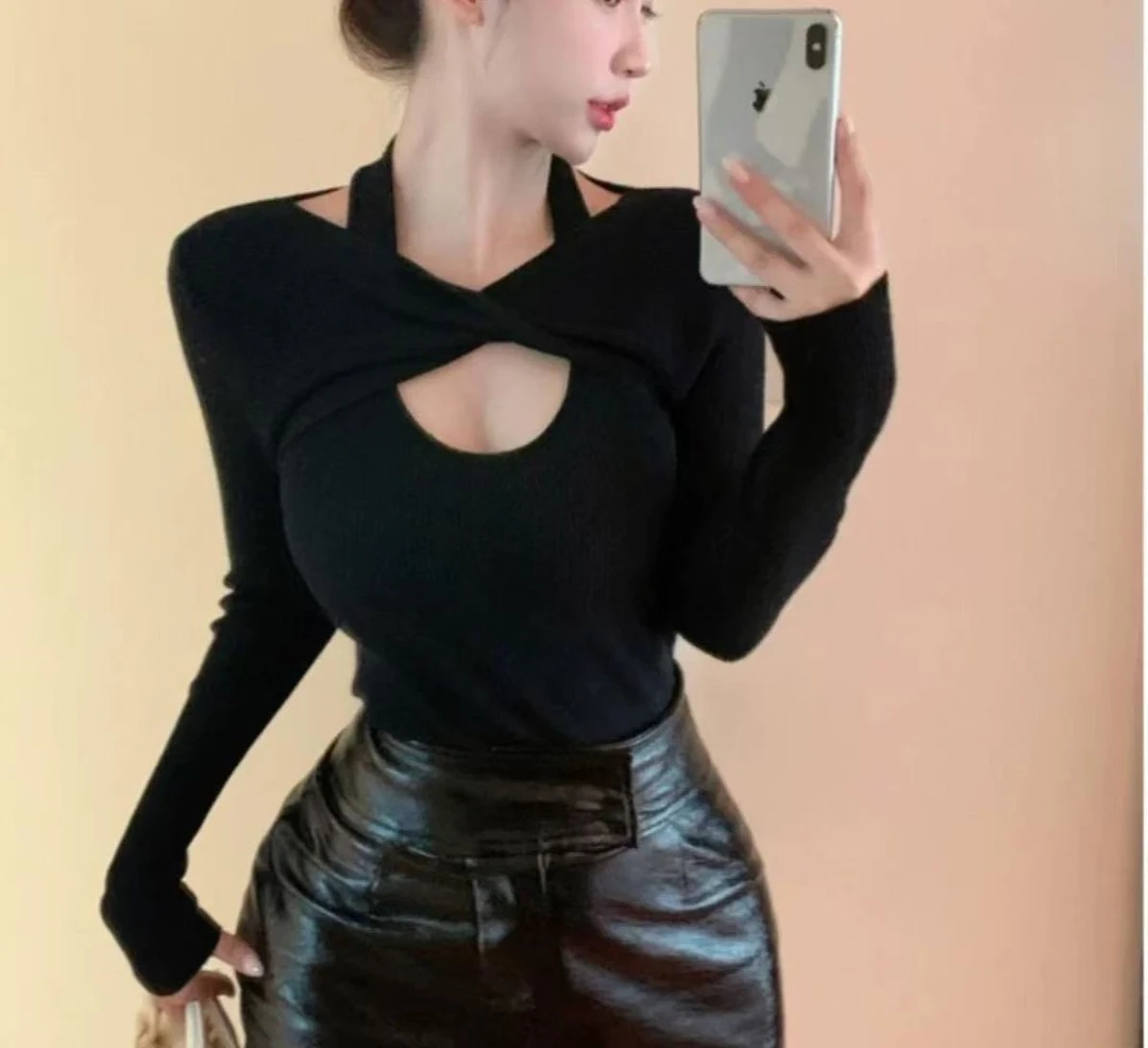 新款纯欲风挂脖修身上衣韩版毛衣打底衫