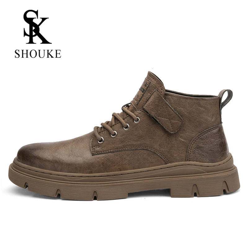 新款轻奢手工男鞋秋冬男士韩版高帮休闲皮鞋英伦风黑色马丁靴子