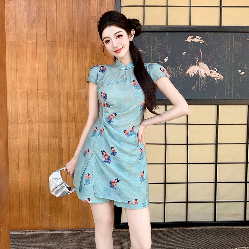 mnnz198新中式国风改良旗袍套装2025夏季新款连衣裙短裤两件套
