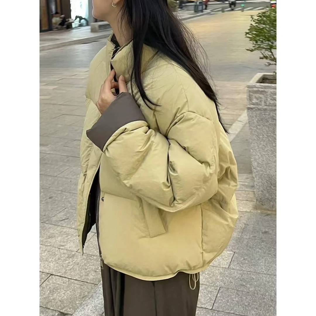 初冬时尚小个子韩版撞色减龄羽绒服立领宽松保暖加厚冬季短款