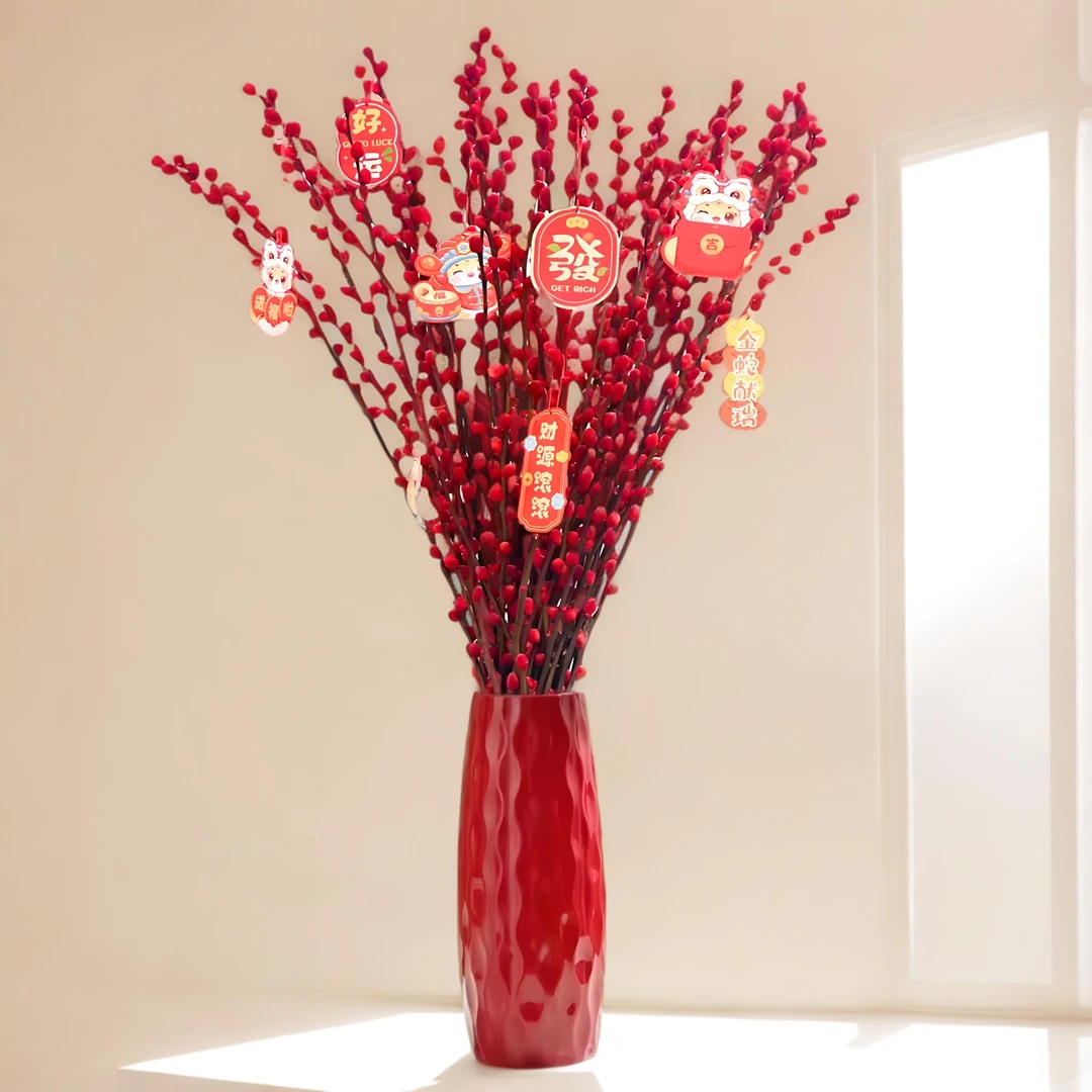 【银柳20枝带花瓶带挂件】红色银柳耐寒年宵花卉室内装饰喜庆