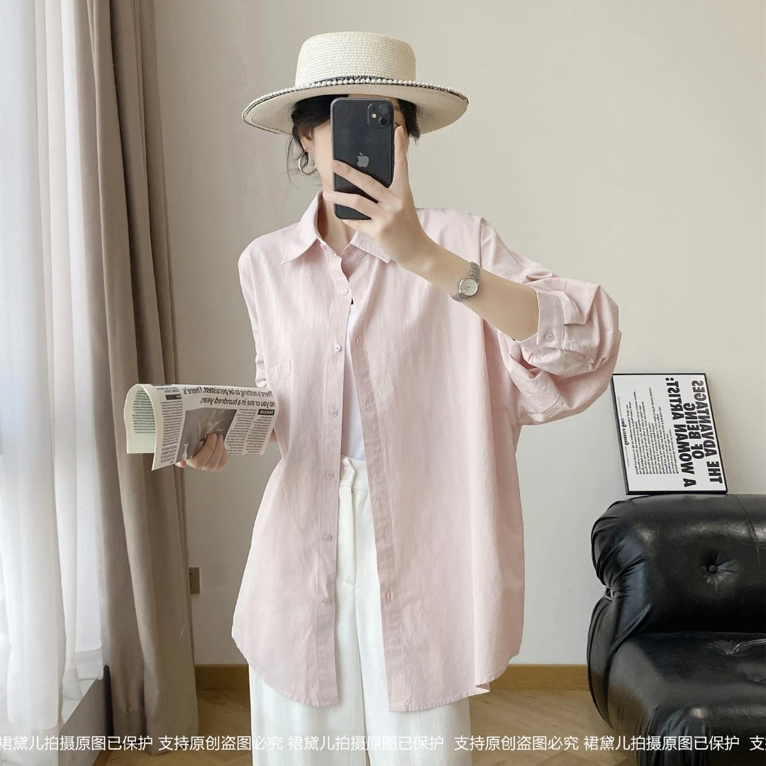 【成衣洗水 100%棉】九分袖慵懒风休闲透气纯棉防晒衬衫【只有衬衫】