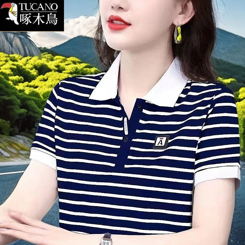 啄木鸟条纹拼色T恤女2025年新款打底衫夏季短袖运动翻领套头上衣