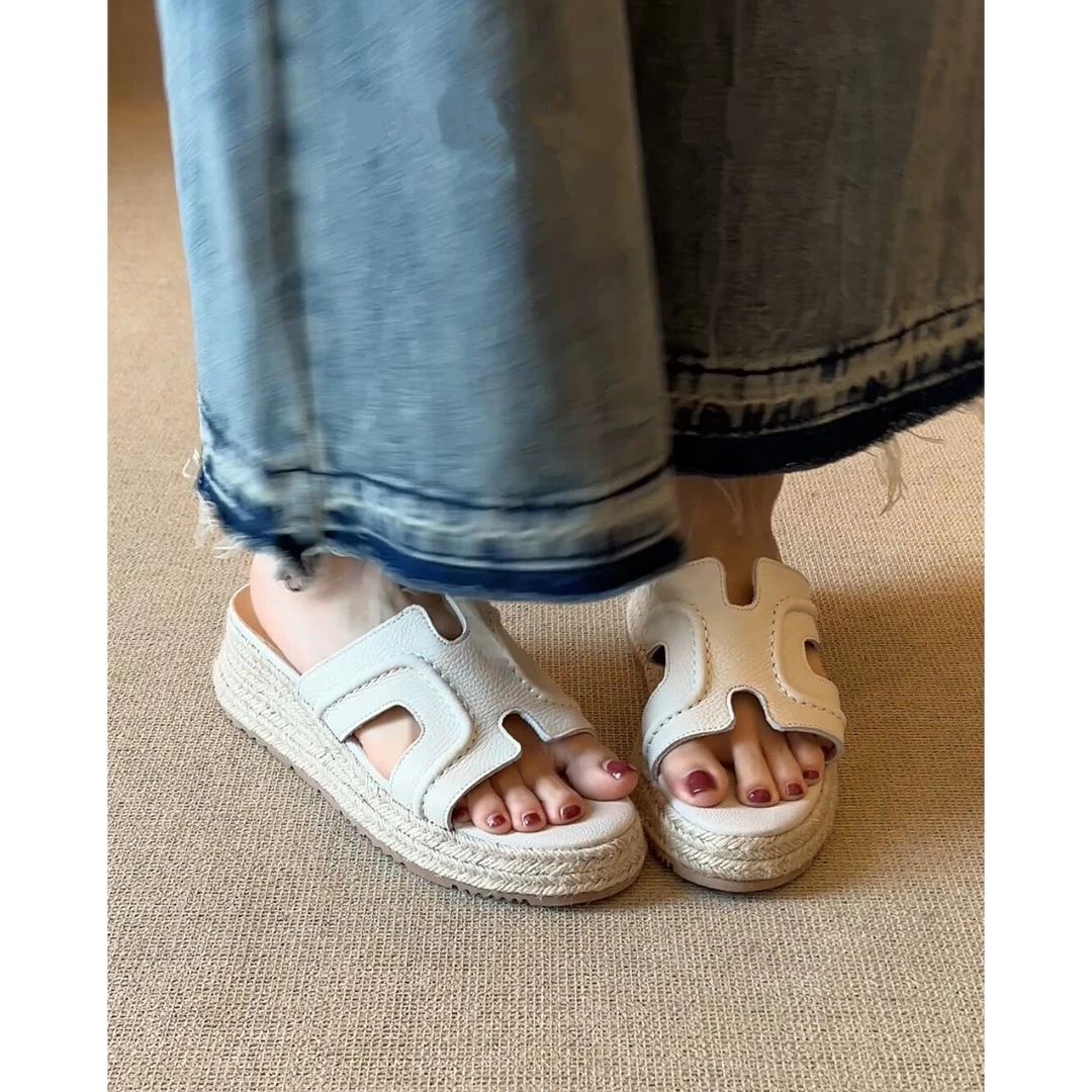 羊皮版！赵露思同款~一字拖凉拖鞋女夏外穿草编松糕鞋厚底高跟凉鞋