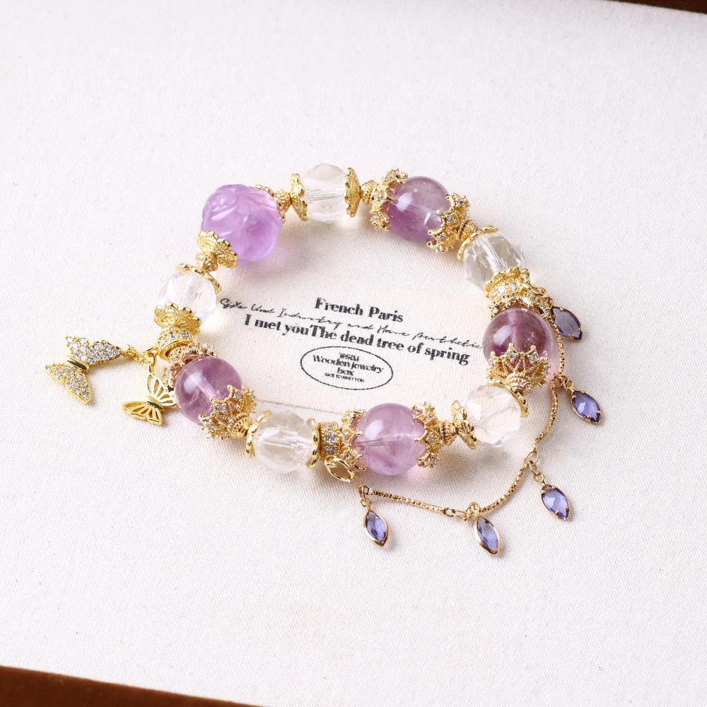 [紫霞仙子]12mm天然薰衣草紫水晶+白水晶设计款手链D043