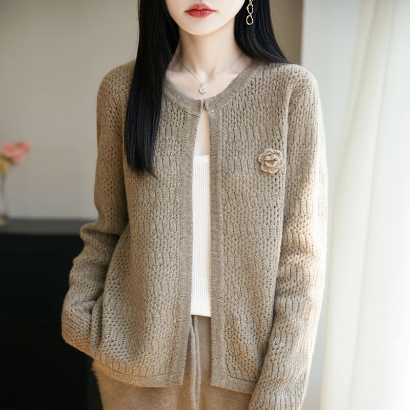 纯羊毛爆款镂空针织开衫春秋冬外套上衣圆领洋气宽松毛衣新款重工