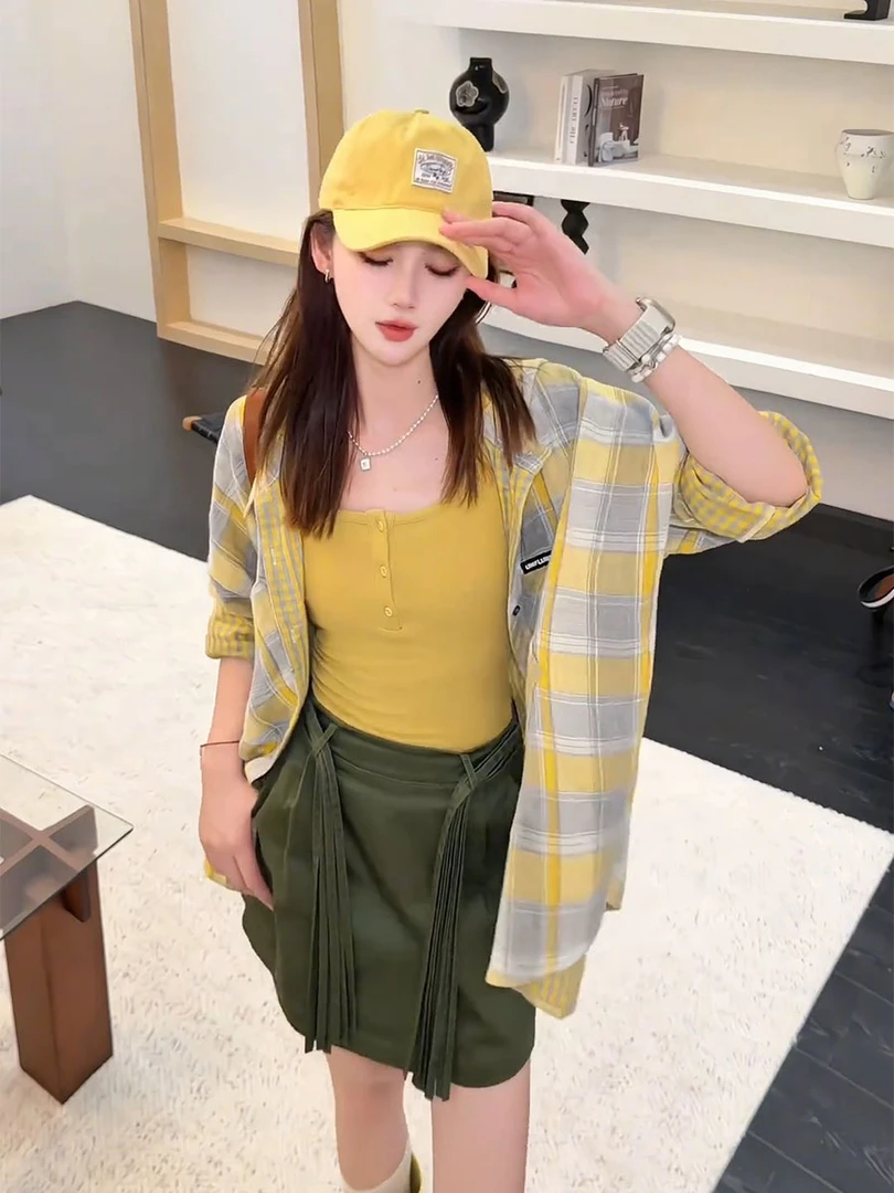 格子衬衫上衣女2025夏季新款韩版长袖薄防晒衬衣外套+吊带两件套