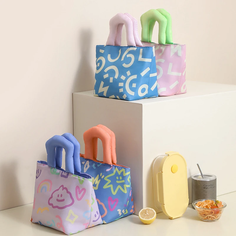 日系户外加厚保温保冷手提饭盒袋学生上班族涂鸦手绘带饭包便当包