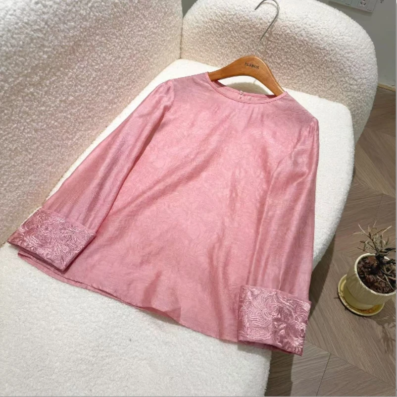 《七七定制》新中式时尚显瘦复古气质百搭刺绣长袖网红针织衬衫4318