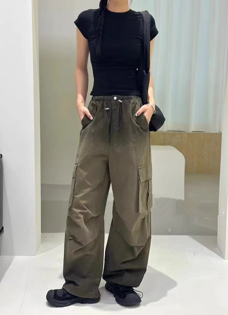 【091】贝#松紧腰褶皱抽绳渐变工装休闲裤