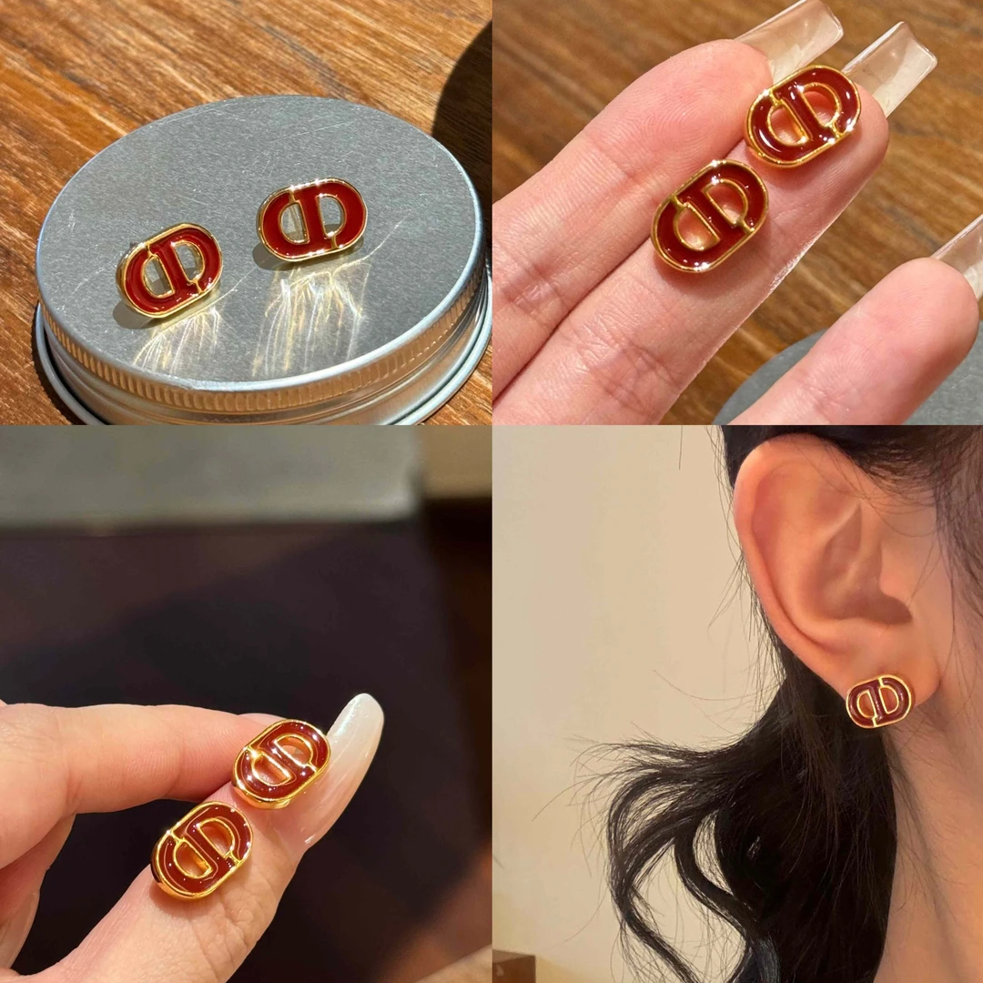 铜合金耳饰 女字母耳扣原创复古小巧红色勃垦第酒红色猪鼻CD耳环