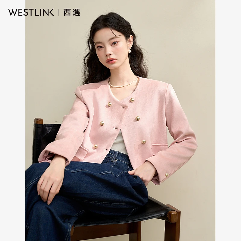 西遇法式优雅小香风外套女2025秋季圆领双排扣宽肩截短外套