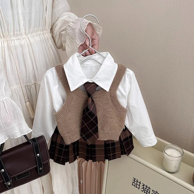 女童秋学院风JK套装新款洋气衬衫针织背心百褶裙三件套