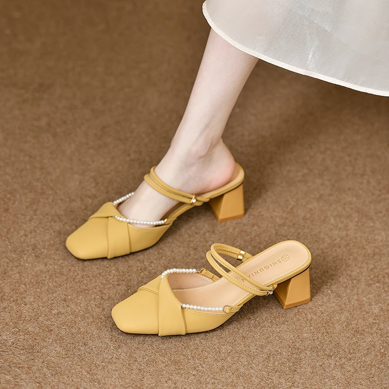 银色包头半拖鞋女中跟夏外穿法式方头粗跟凉拖休闲懒人穆勒鞋百搭